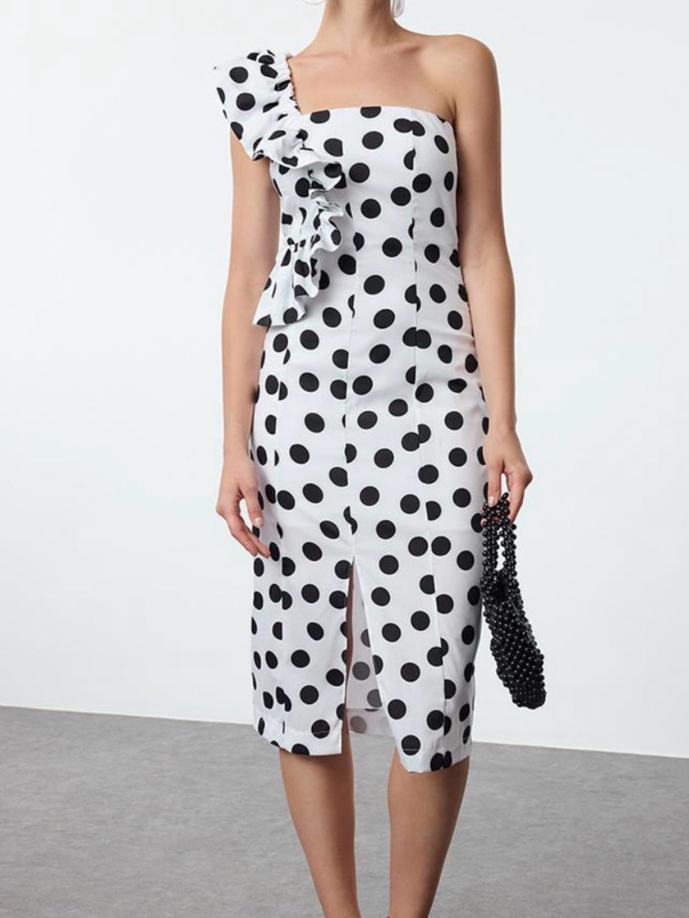 Anthropologie-One-Shoulder White w/ Black Polka Dot Ruffle Midi Dress NWT
